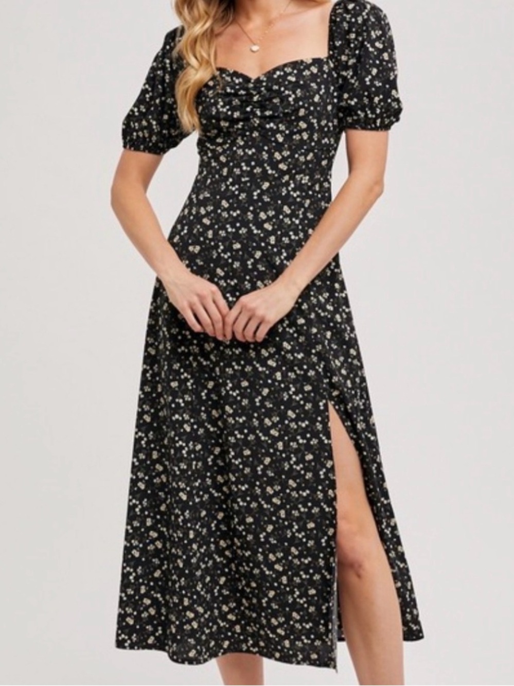 Black Floral Sweetheart Puff-Sleeve Midi Dress